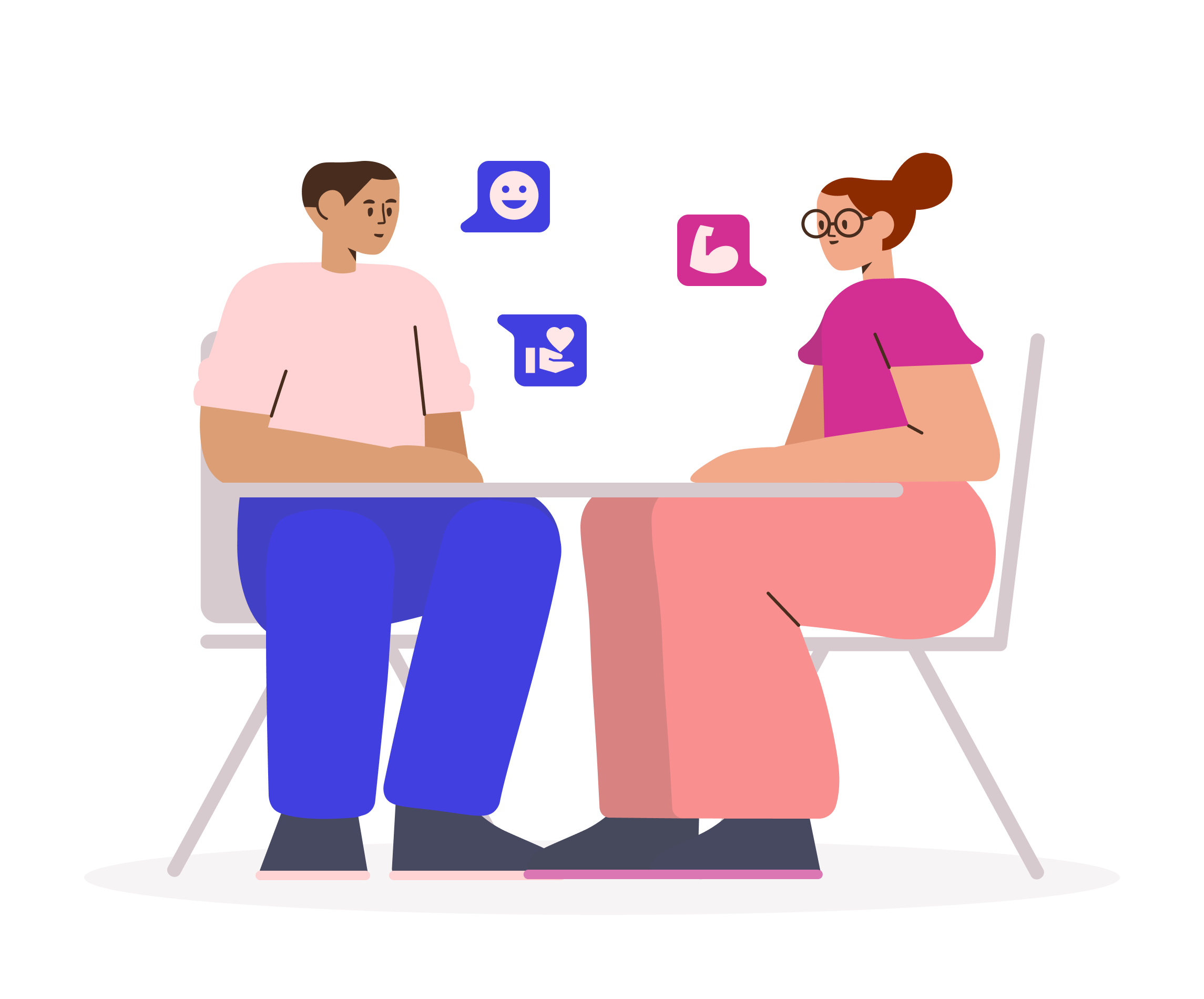 Friends sitting at a table talking about their feelings